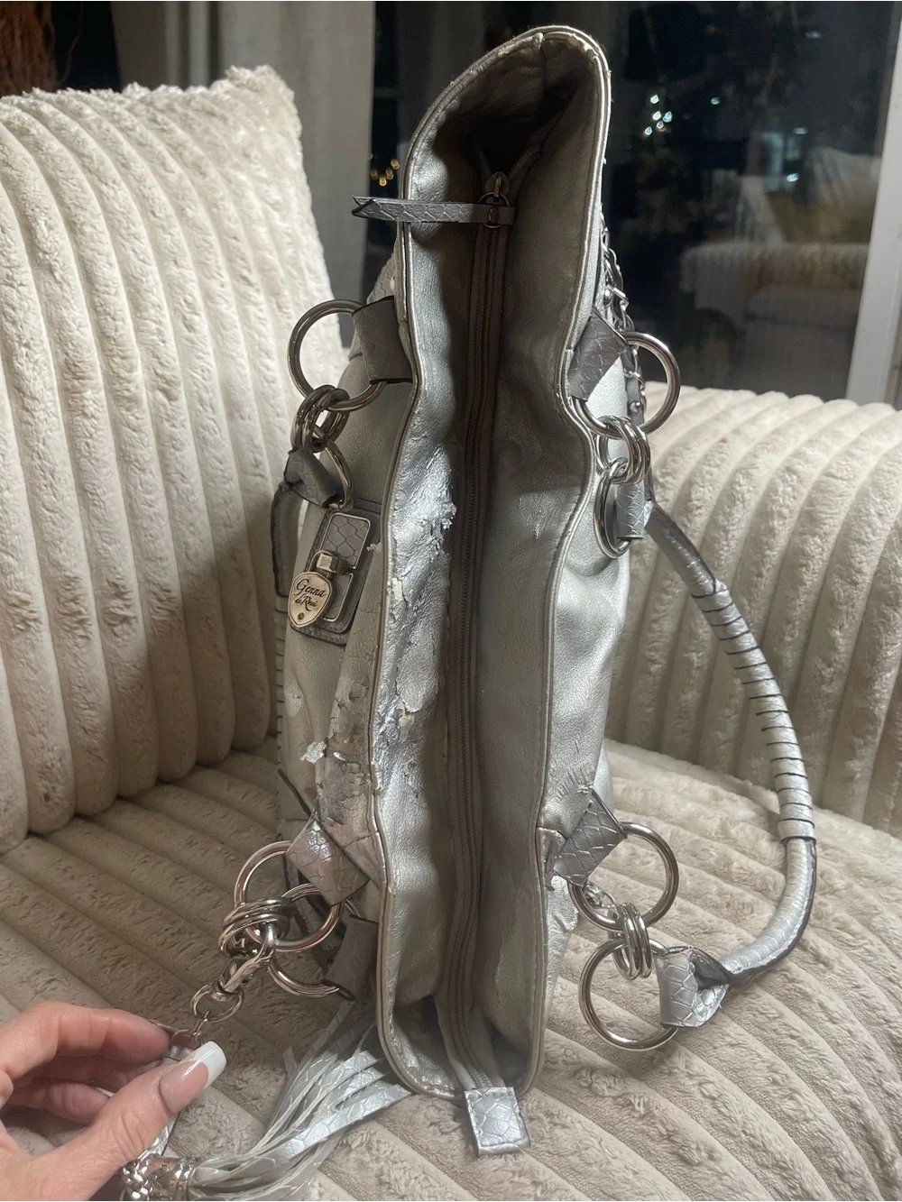 Genna De Rossi Metallic Silver Y2K Shoulder Bag Hobo Satchel Charm Tassel